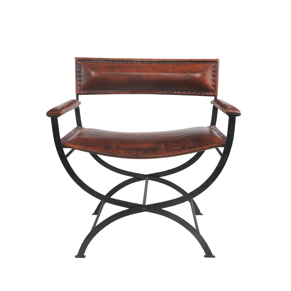 29" Brown and Black Metal And Genuine Leather Director's Chair