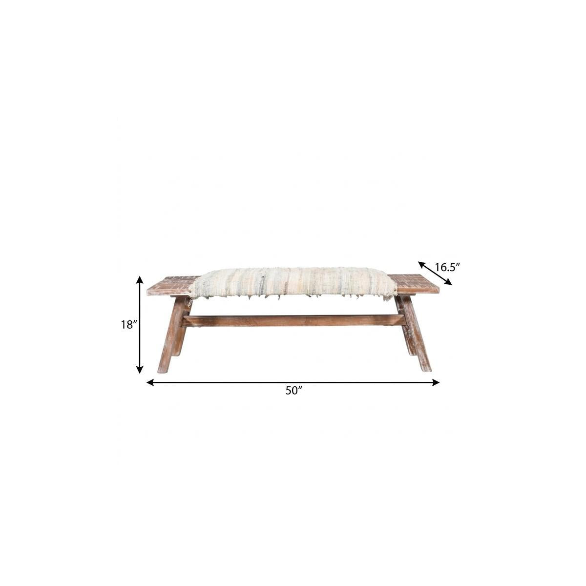 50" White and Brown Cotton Upholstered Striped Bench