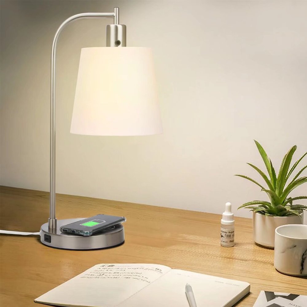 20" Nickel Round USB Bedside Lamp With Empire Shade