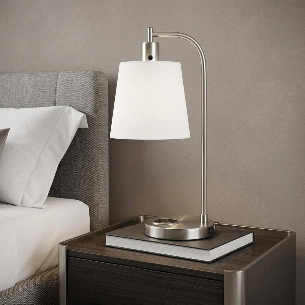 20" Nickel Round USB Bedside Lamp With Empire Shade