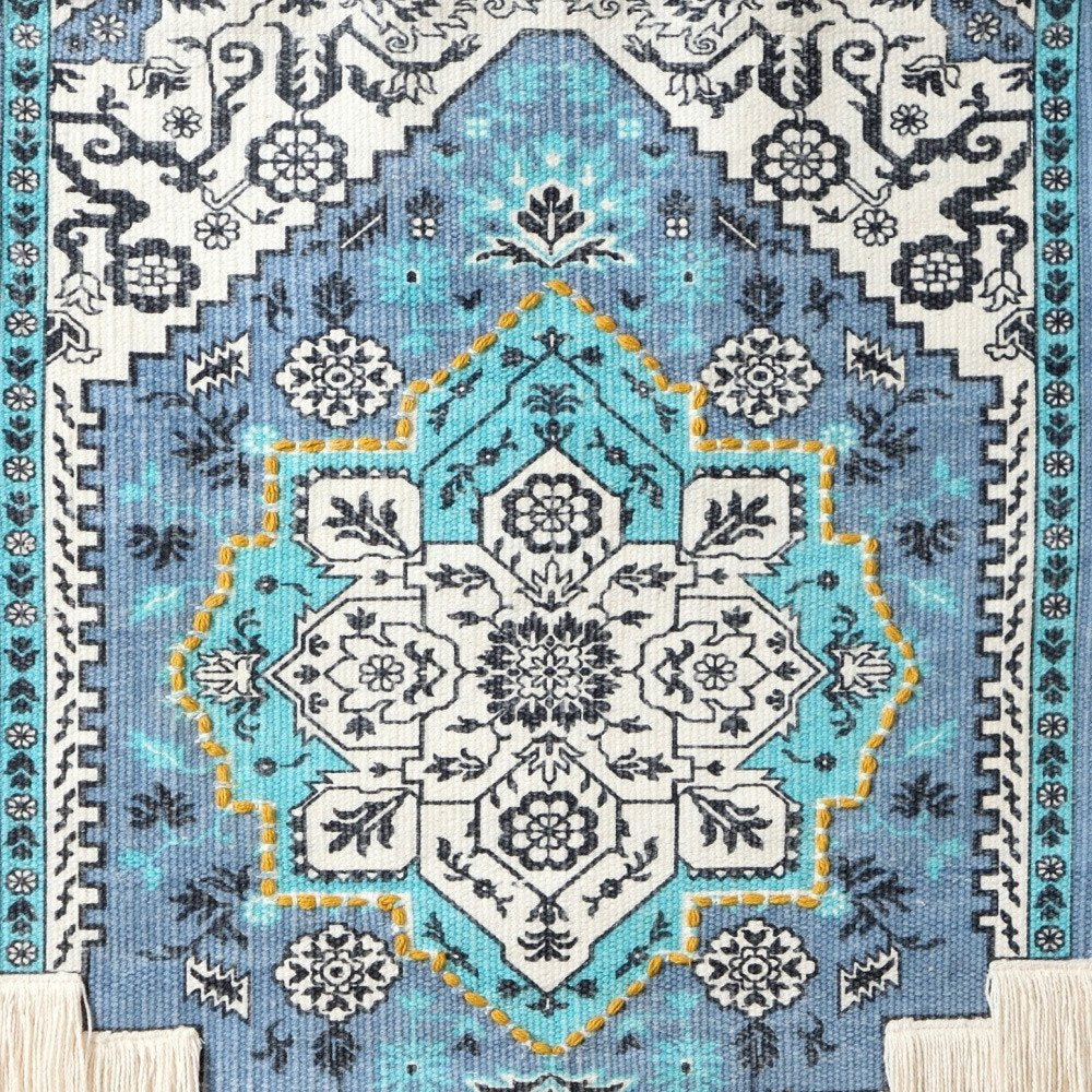 45" X 26" Blue Aqua And Ivory Flower Floral Cotton Macrame Hanging Tapestry