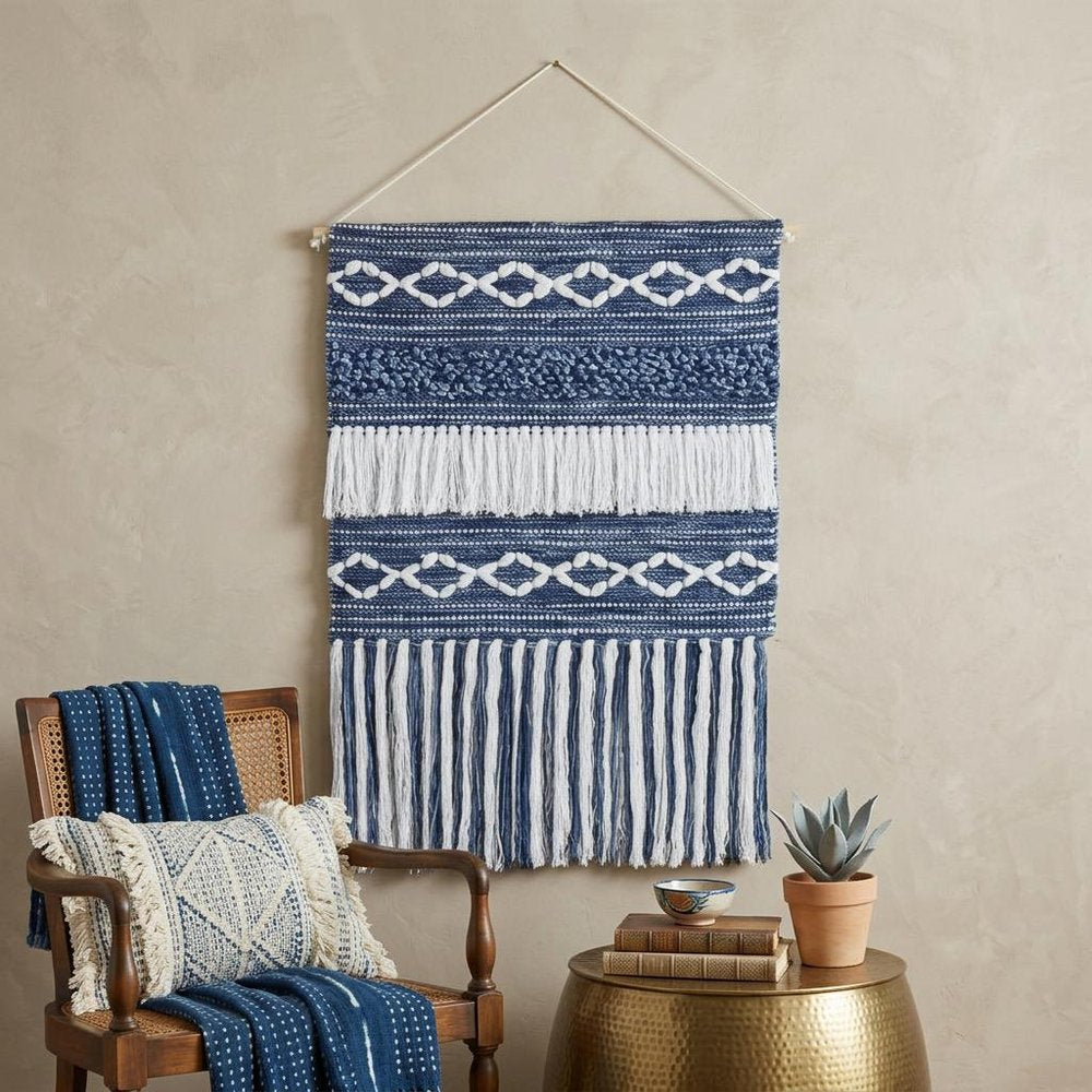 26" X 51" Denim Blue And White Geometric Cotton Macrame Hanging Tapestry