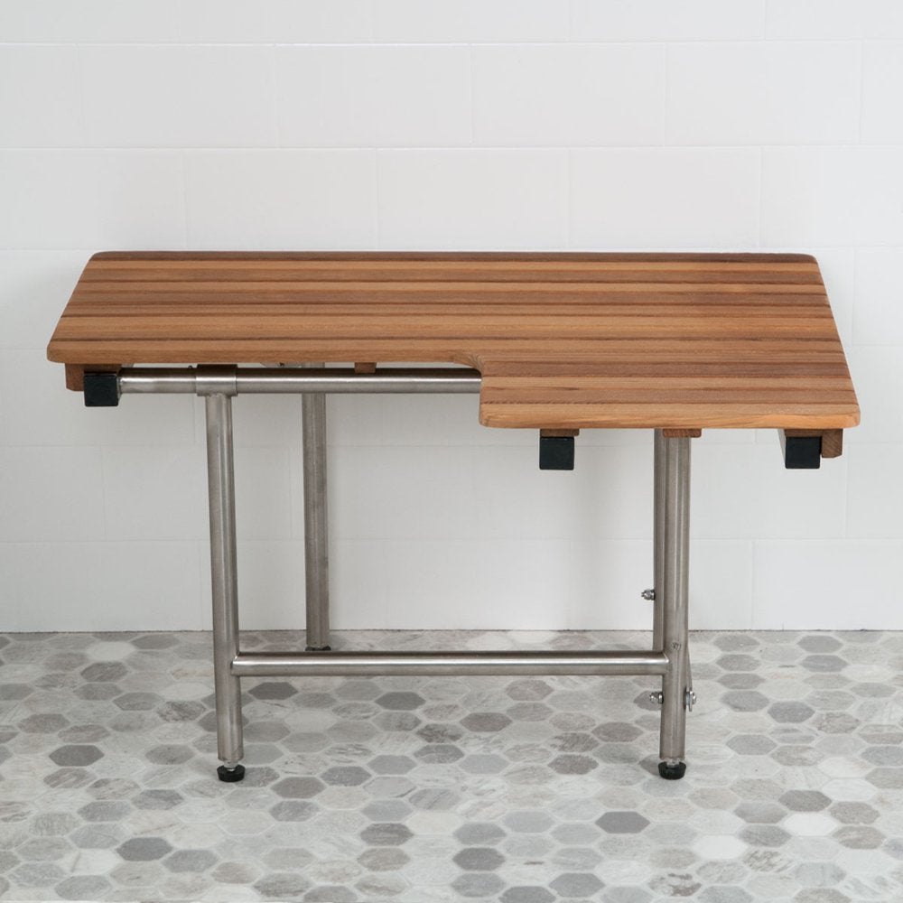 18" X 34" Brown Teak Wall Mount Rectangular Shower Bench With Legs
