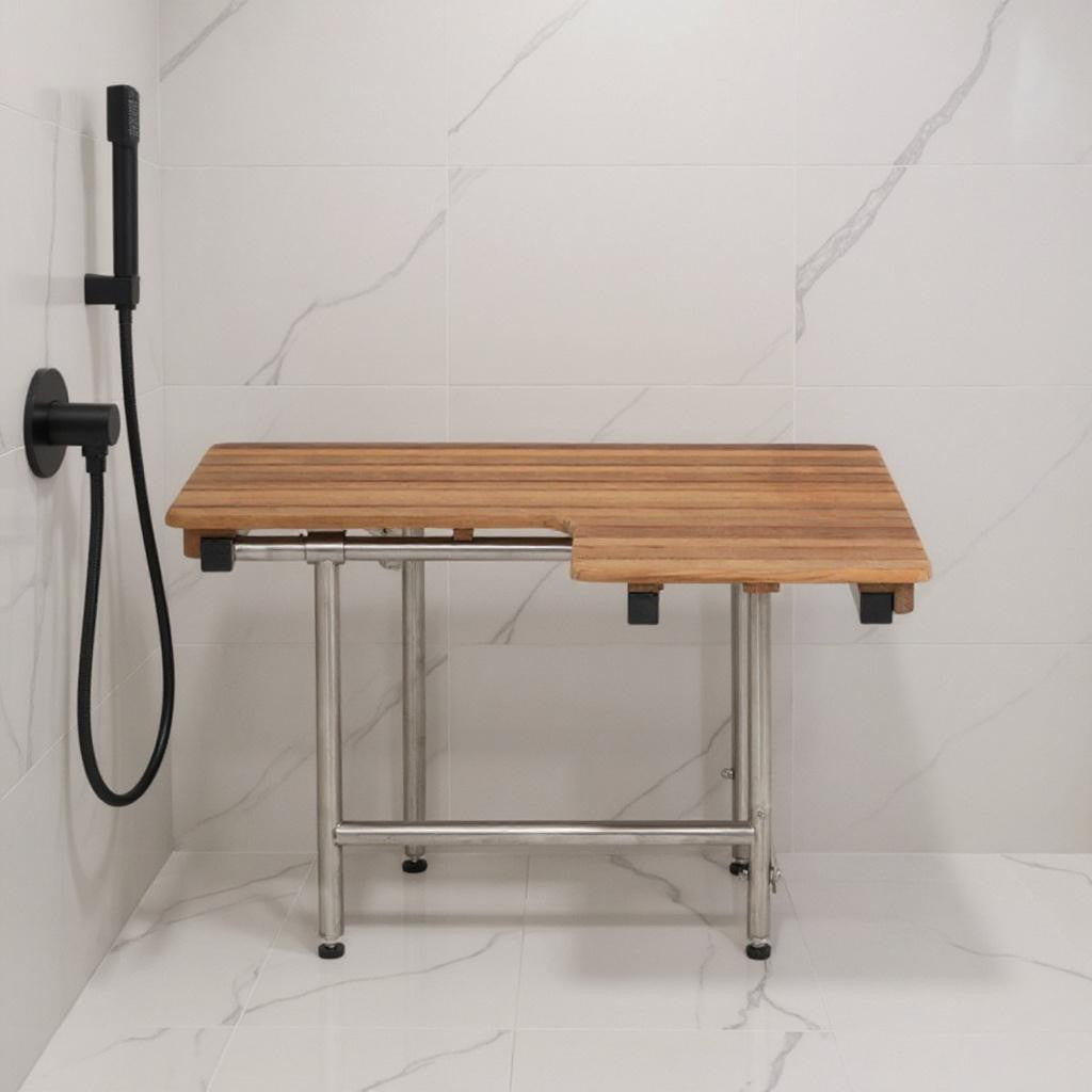 18" X 34" Brown Teak Wall Mount Rectangular Shower Bench With Legs