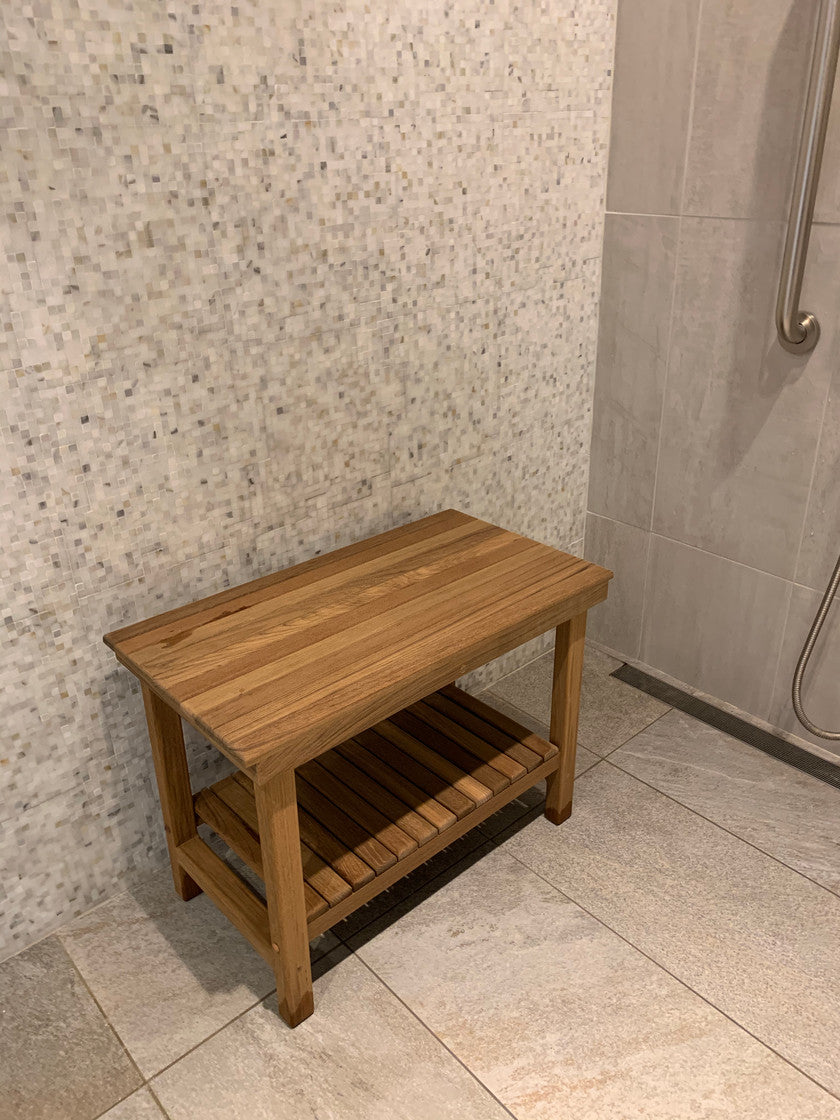 18" X 25" Brown Teak Rectangular Shower Bench With Shelf