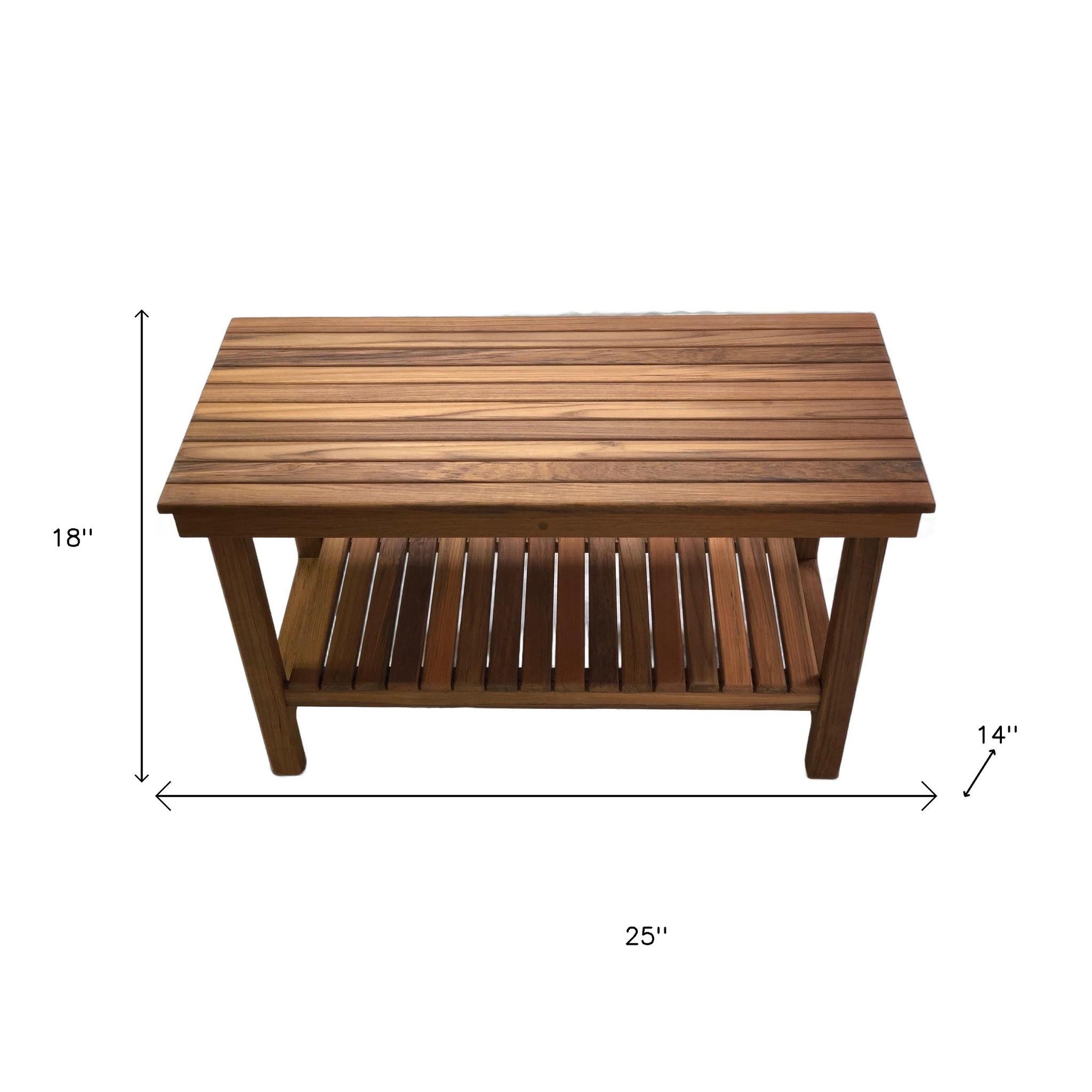 18" X 25" Brown Teak Rectangular Shower Bench With Shelf
