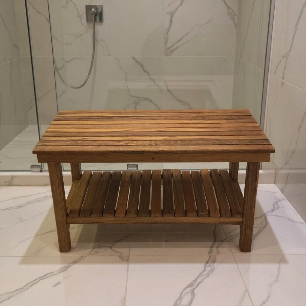 18" X 25" Brown Teak Rectangular Shower Bench With Shelf