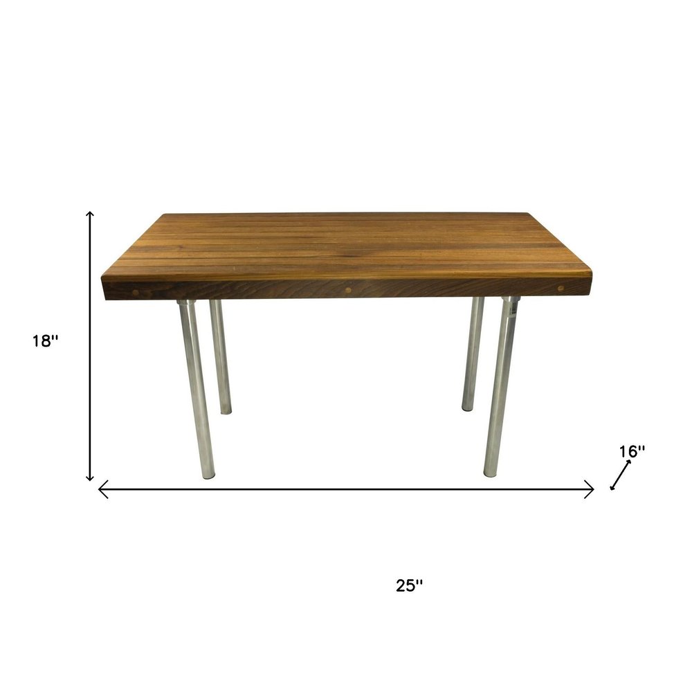18" X 25" Brown Teak And Stainless Steel Rectangular Shower Bench