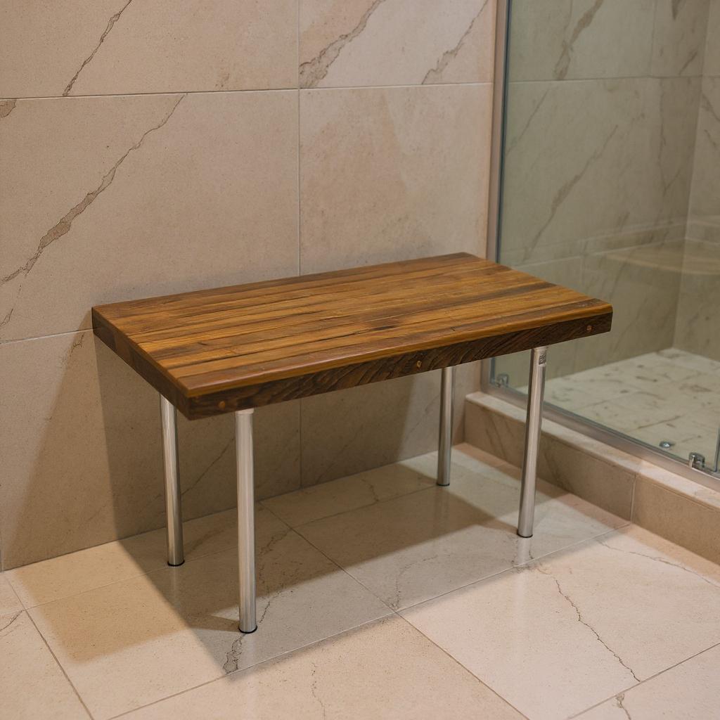 18" X 25" Brown Teak And Stainless Steel Rectangular Shower Bench