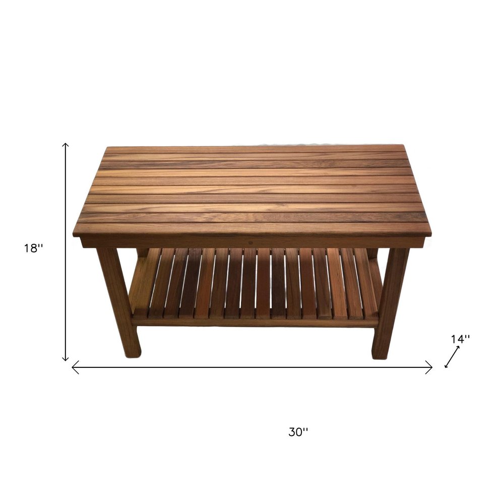 18" X 30" Brown Teak Rectangular Shower Bench With Shelf