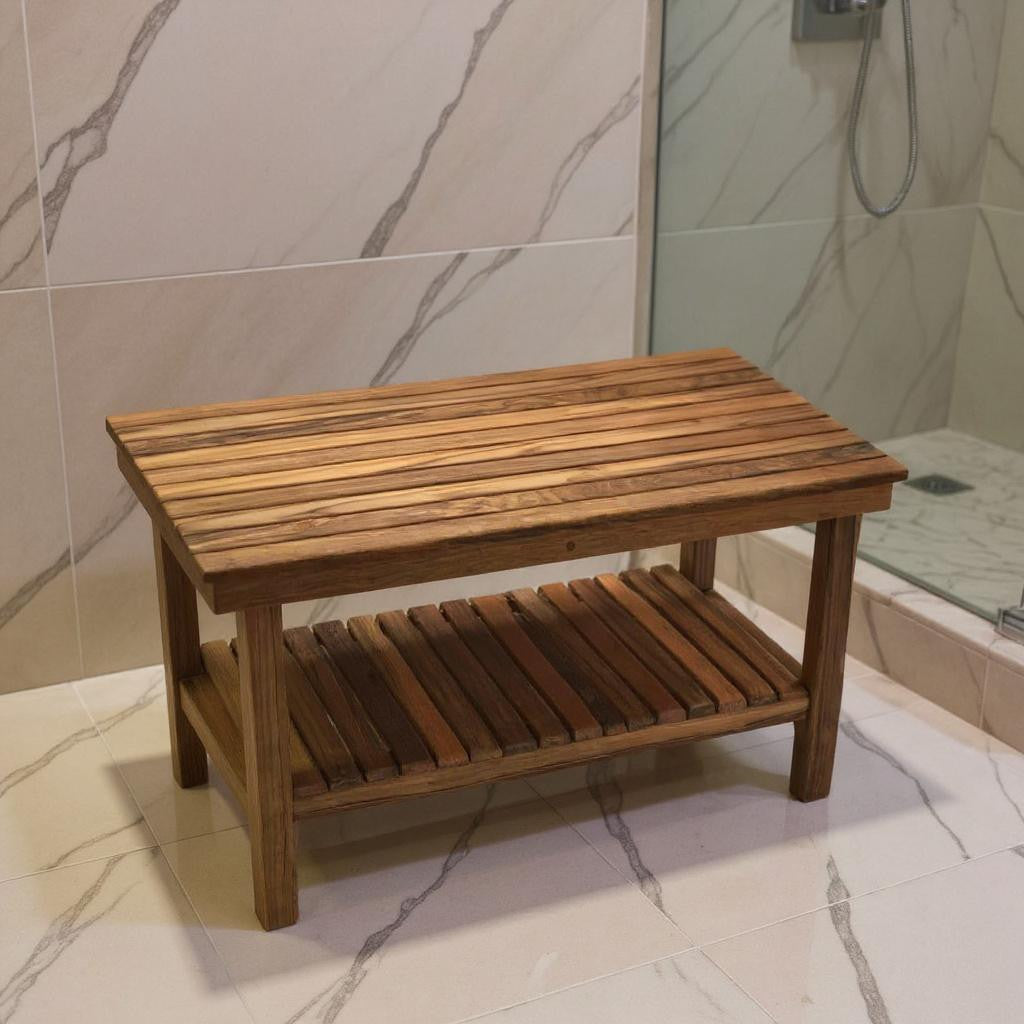 18" X 30" Brown Teak Rectangular Shower Bench With Shelf