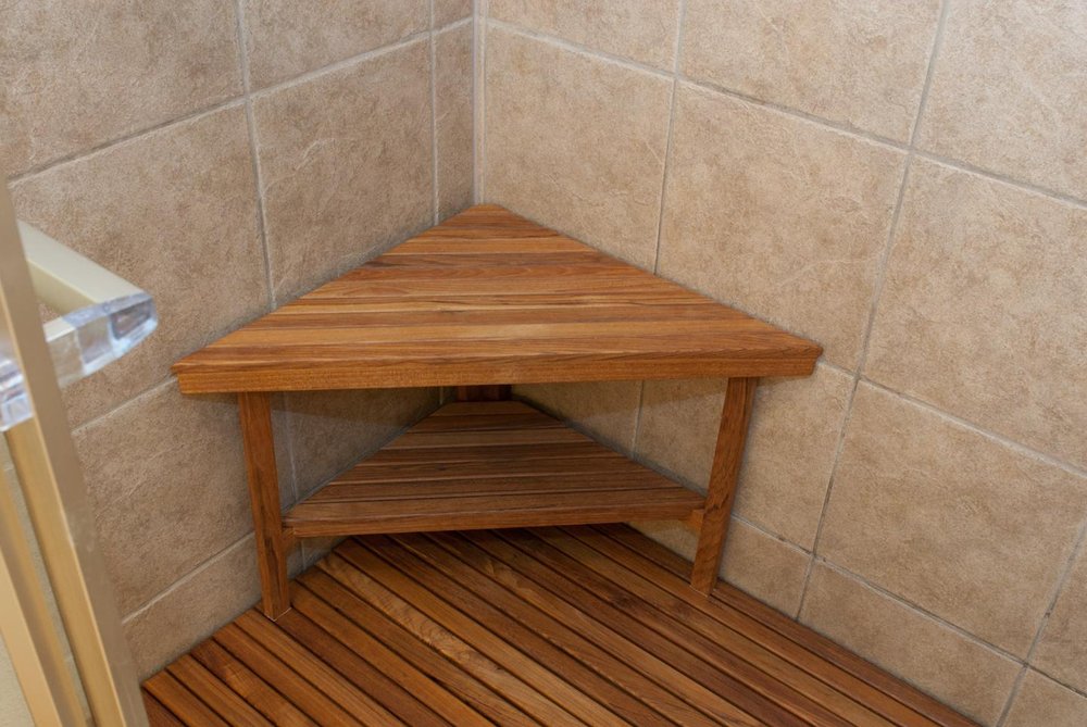 18" X 31" Brown Teak Corner Shower Bench With Shelf