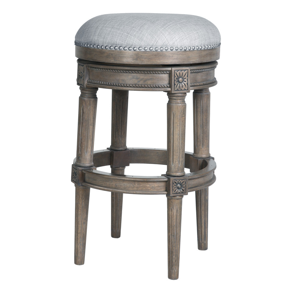 31" Gray Fabric And Solid Wood Backless Bar Height Swivel Bar Chair