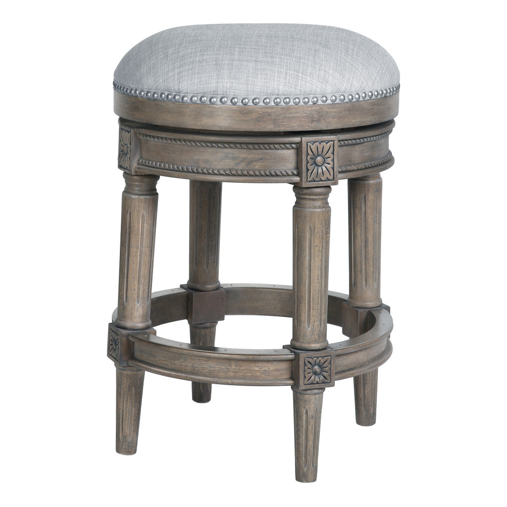 26" Gray Fabric And Solid Wood Backless Counter Height Swivel Bar Chair