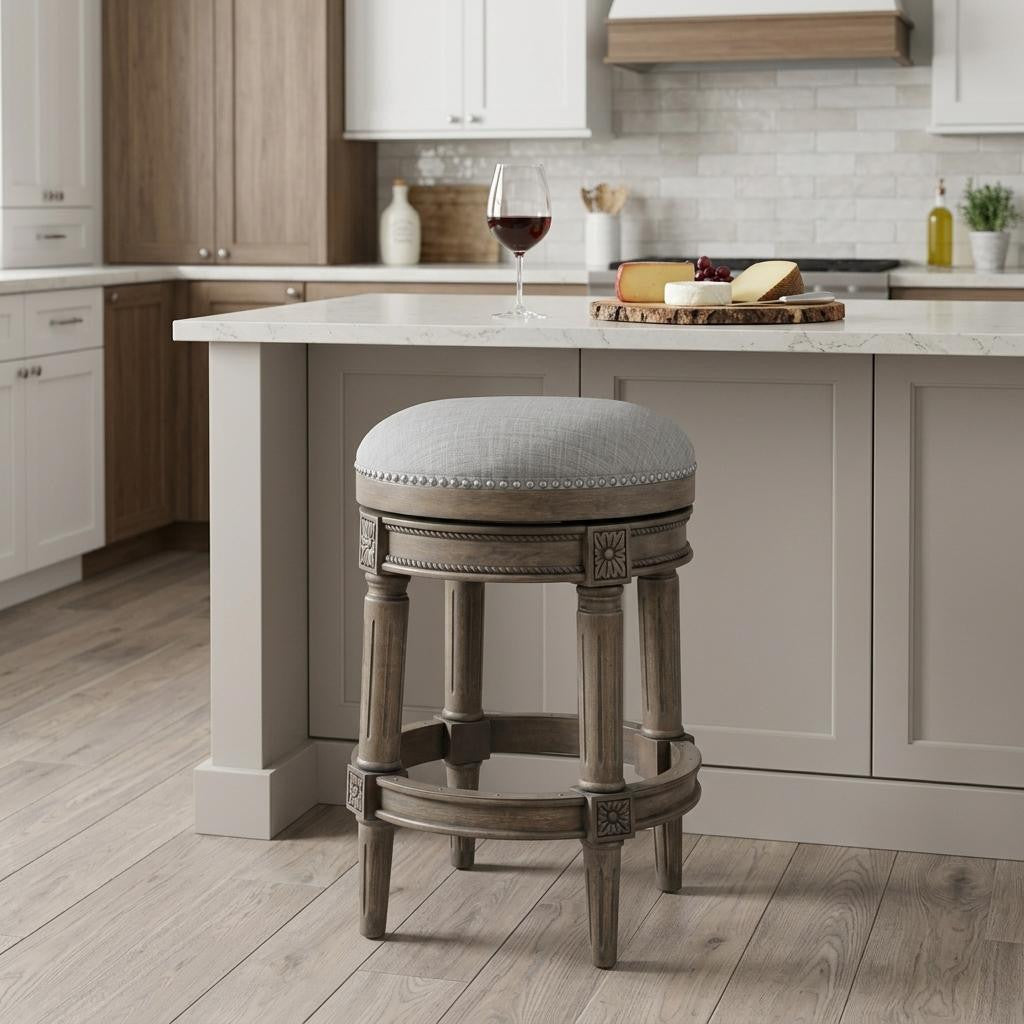 26" Gray Fabric And Solid Wood Backless Counter Height Swivel Bar Chair
