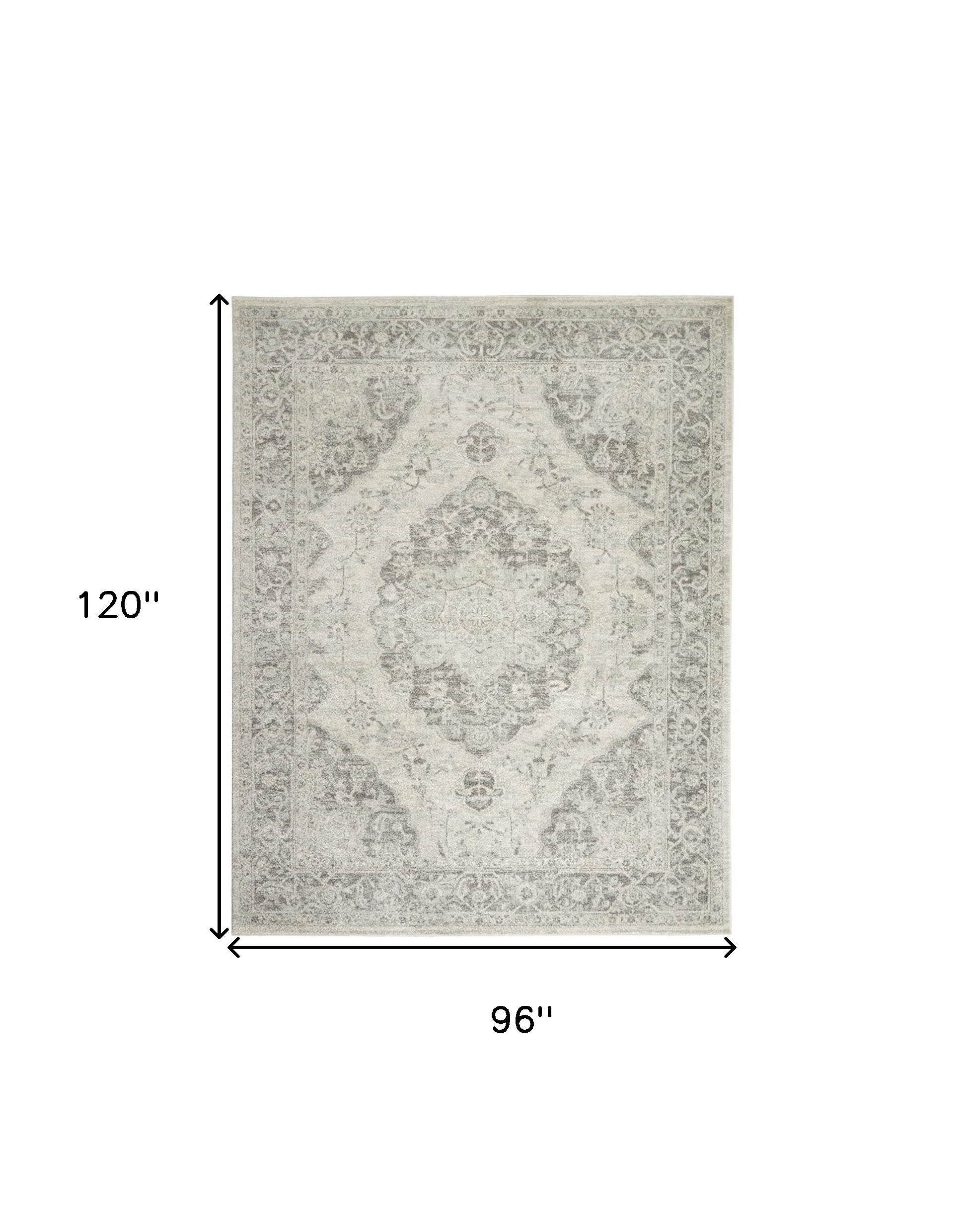 8' X 10' Ivory And Gray Floral Medallion Distressed Area Rug