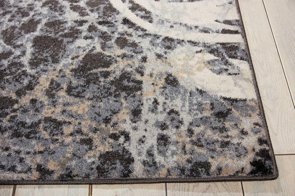 9' X 13' Ivory Charcoal and Gray Floral Distressed Non Skid Area Rug