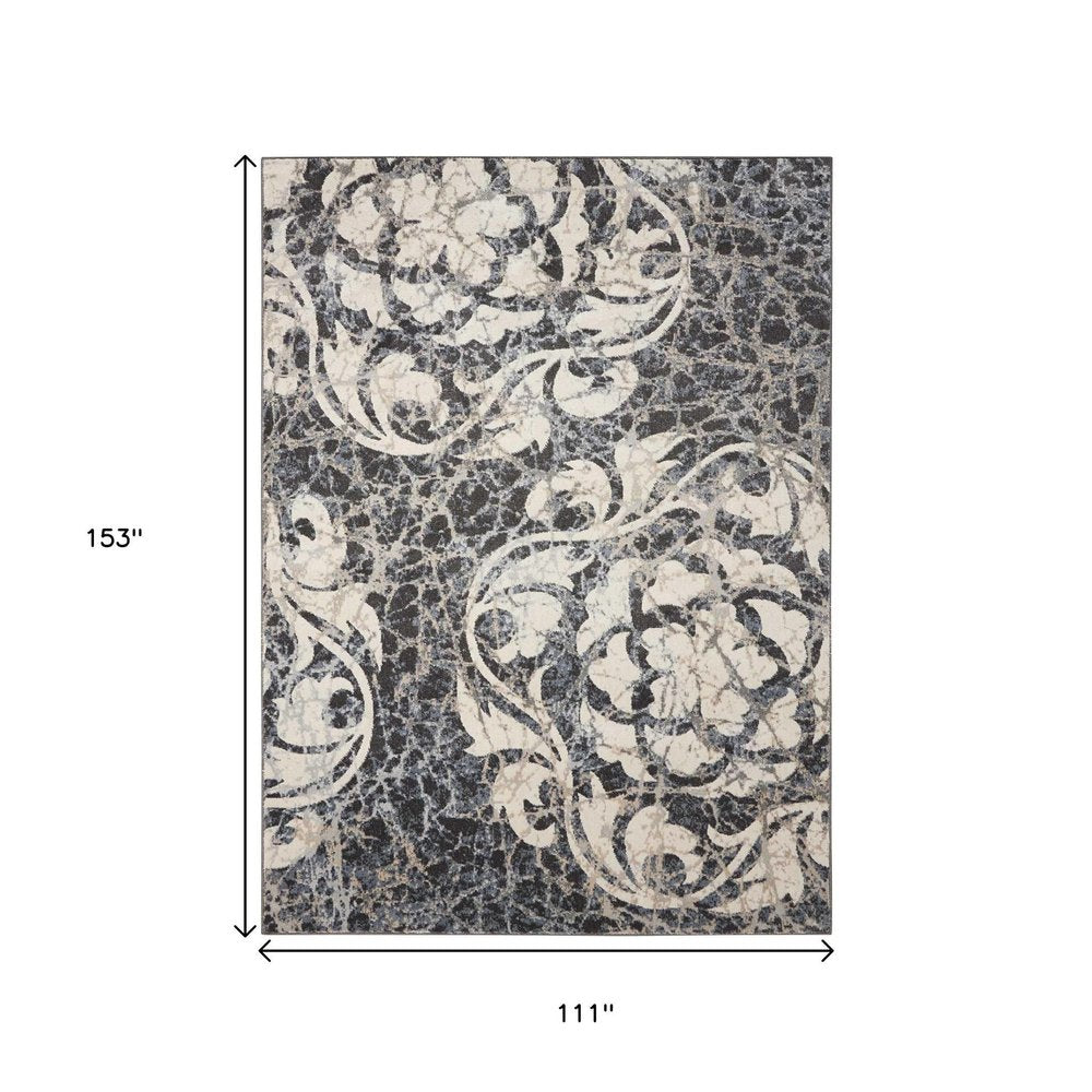 9' X 13' Ivory Charcoal and Gray Floral Distressed Non Skid Area Rug