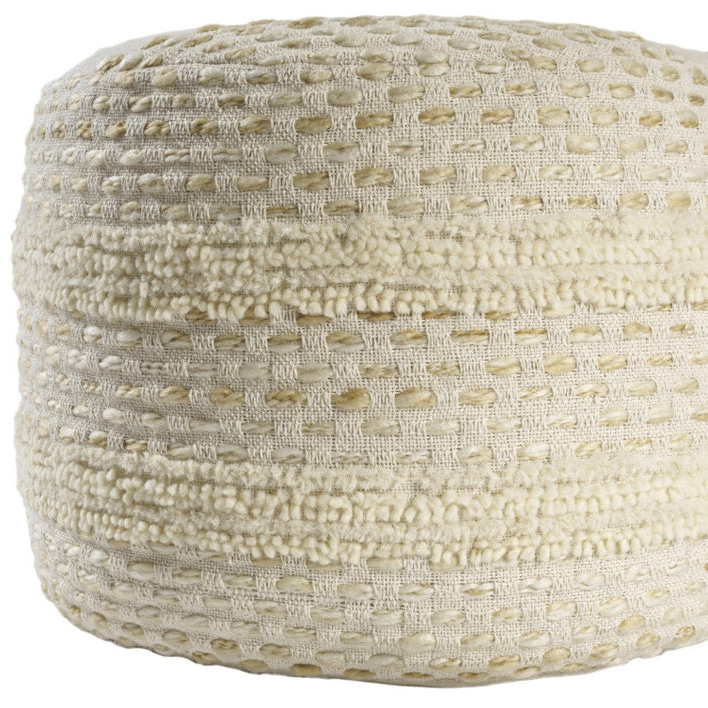 18" Natural And Ivory Cotton Blend Round Striped Pouf Ottoman
