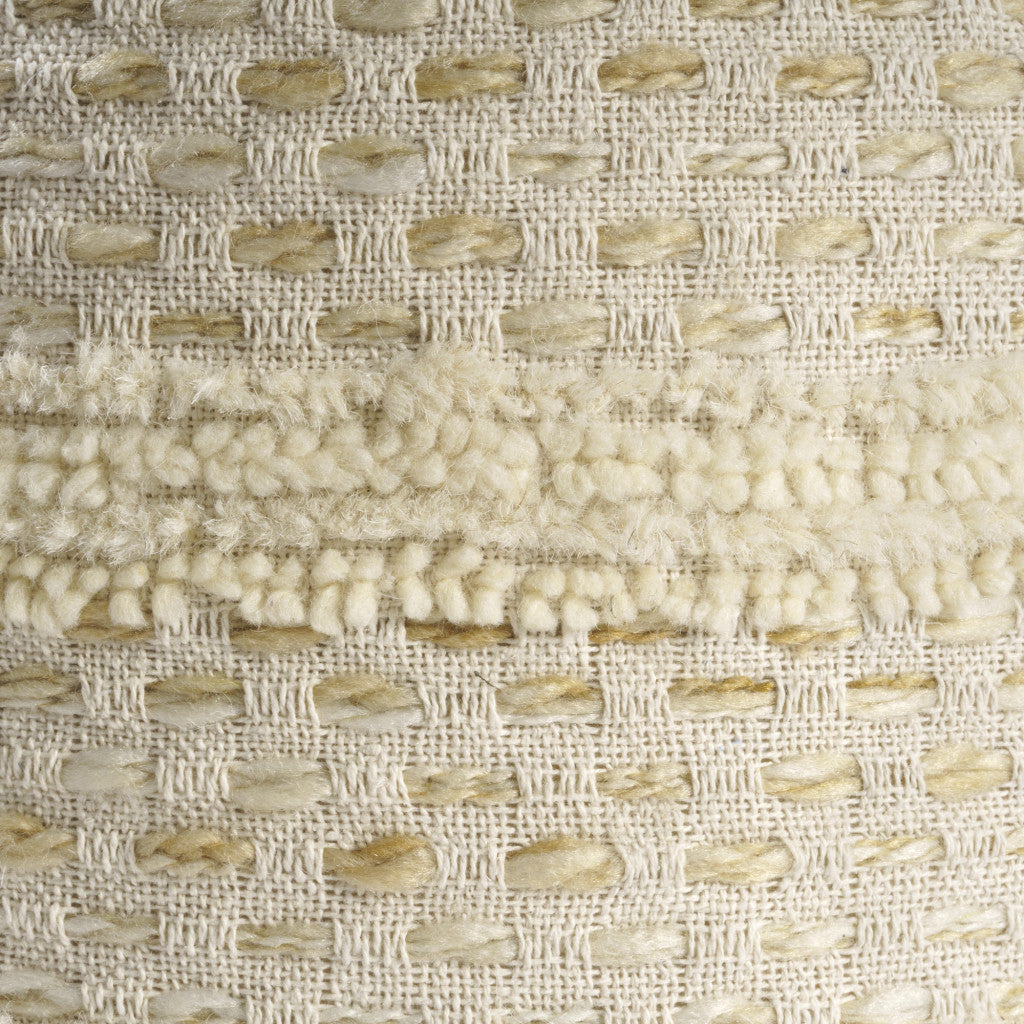 18" Natural And Ivory Cotton Blend Round Striped Pouf Ottoman