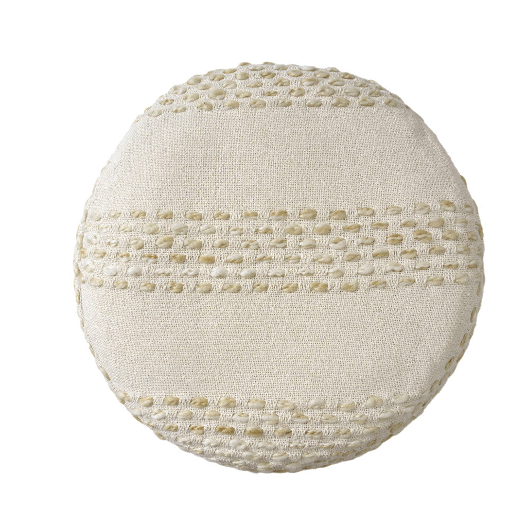 18" Natural And Ivory Cotton Blend Round Striped Pouf Ottoman