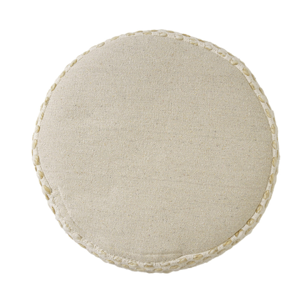 18" Natural And Ivory Cotton Blend Round Striped Pouf Ottoman
