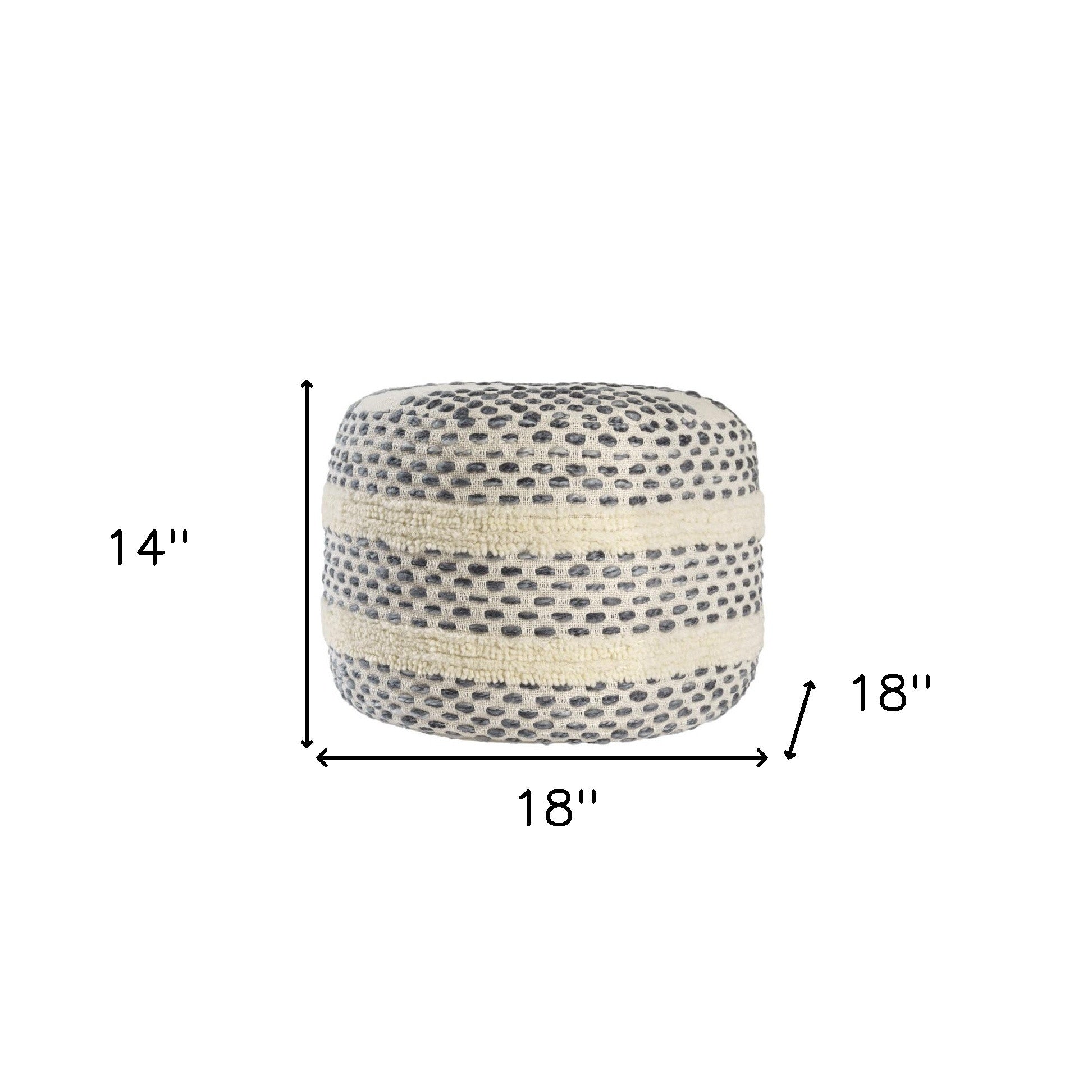 18" Ivory And Blue Cotton Blend Round Striped Pouf Ottoman