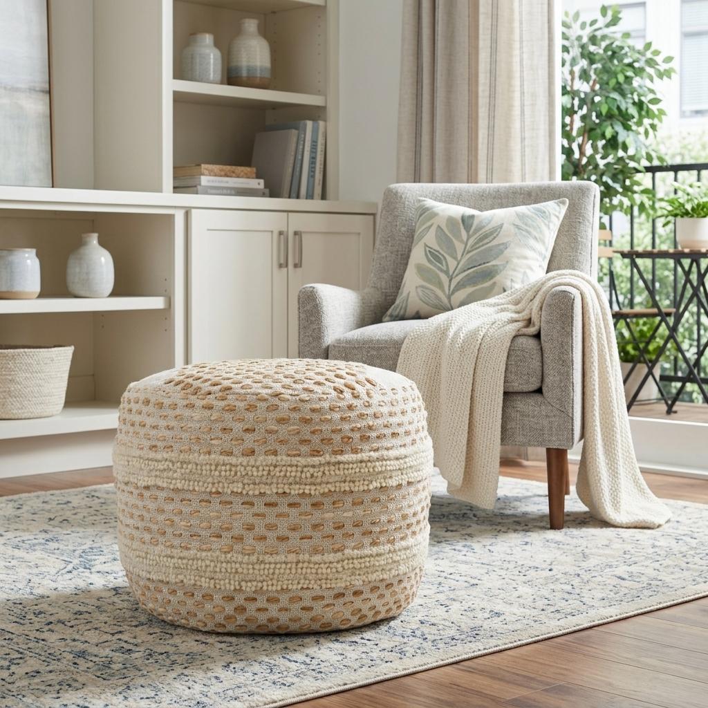 18" Ivory And Brown Cotton Blend Round Striped Pouf Ottoman