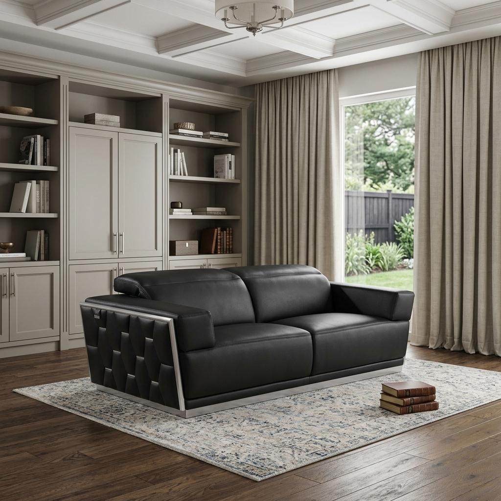 89" Black And Silver Leather Sofa