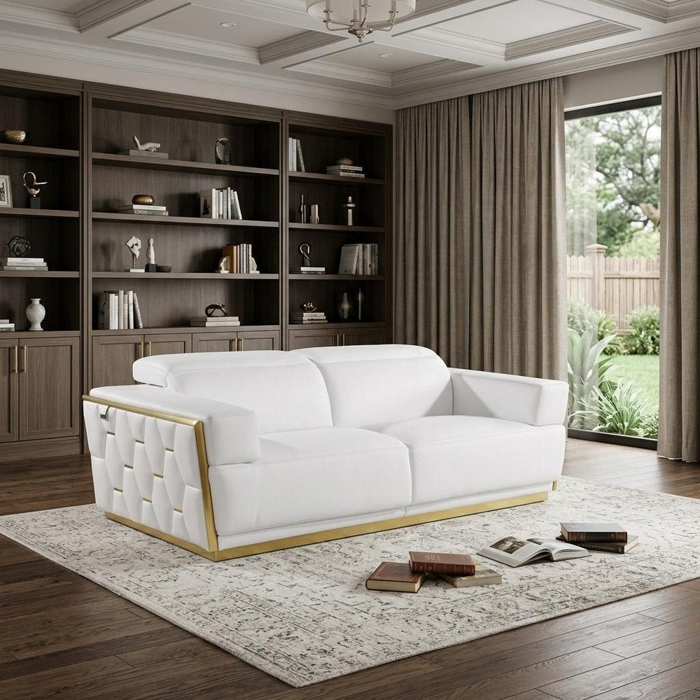 89" Beige And Gold Leather Sofa
