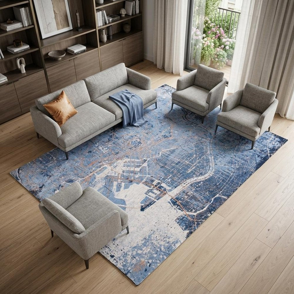 9' X 13' Blue and Black Abstract Non Skid Area Rug