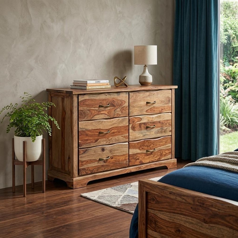 60" Dark Brown Solid Wood Six Drawer Dresser