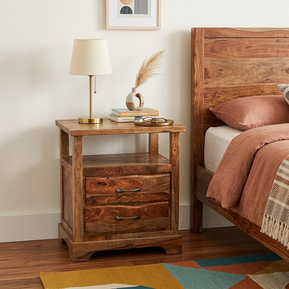 27" Brown Solid Wood Two Drawer Nightstand