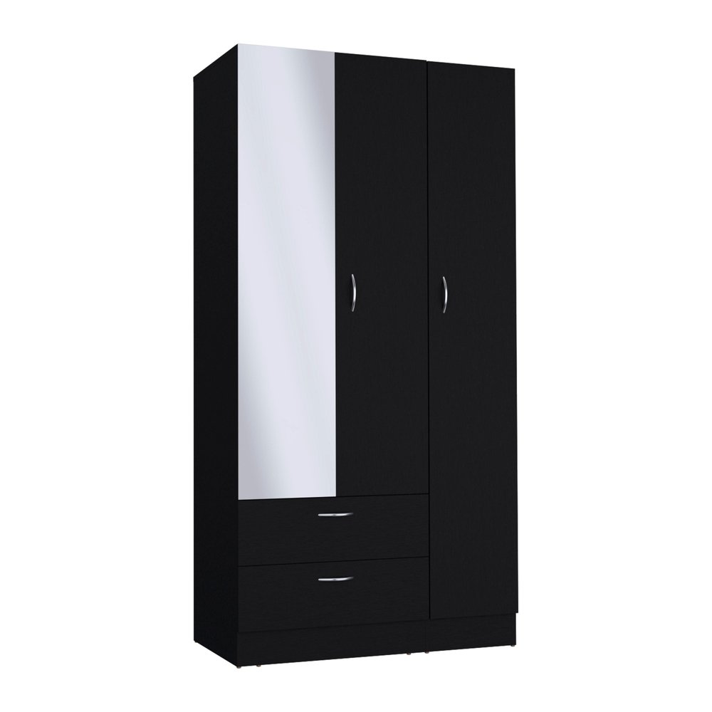 71" Black Wood Mirrored Two Door Two Drawer Combo Dresser