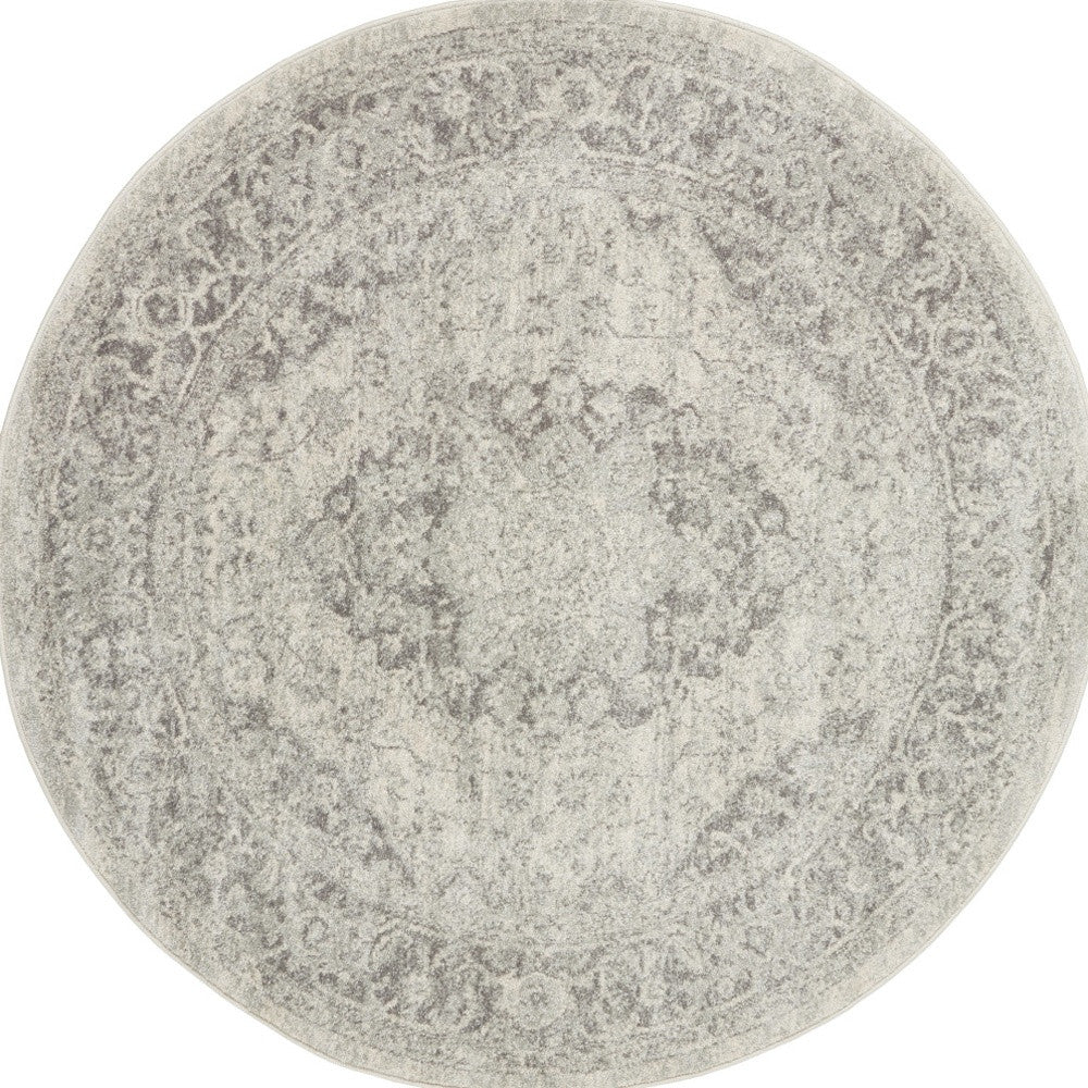 5' Ivory And Gray Floral Medallion Distressed Round Rug