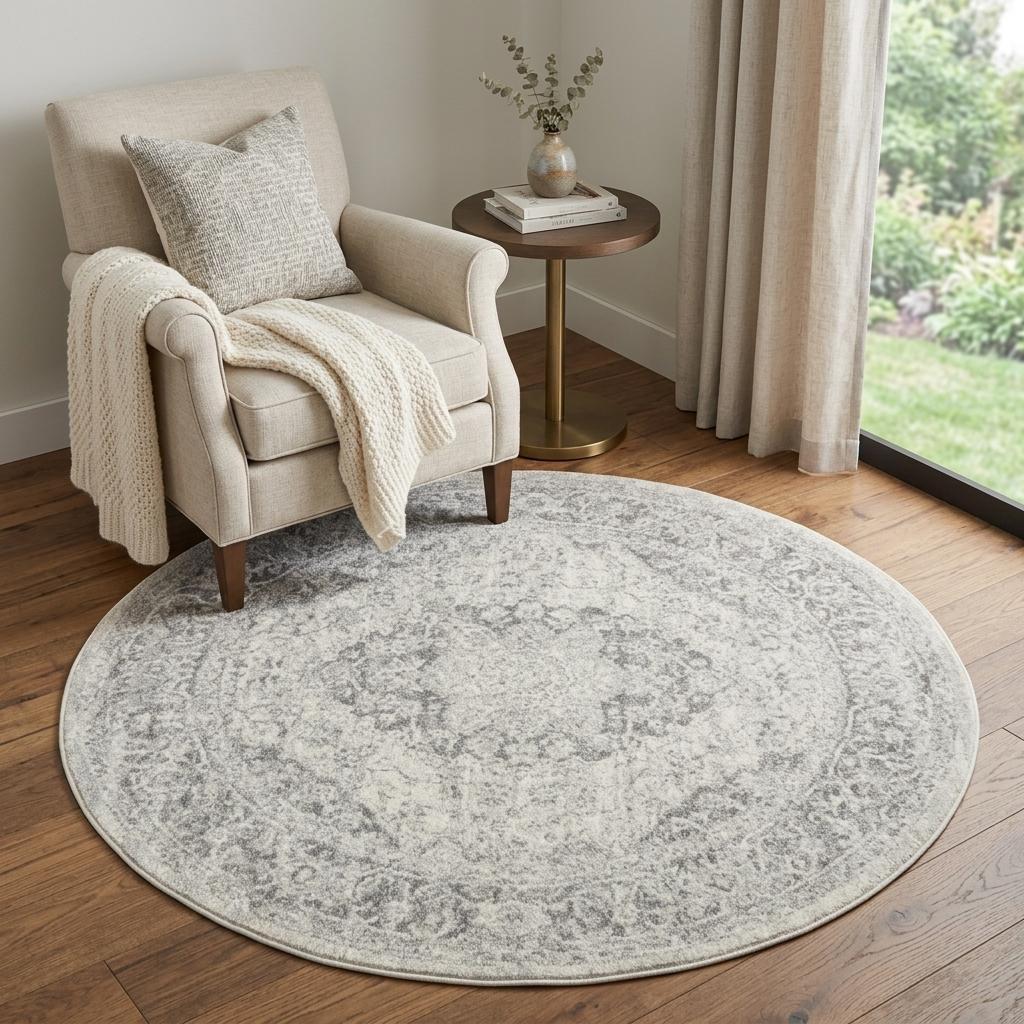 5' Ivory And Gray Floral Medallion Distressed Round Rug
