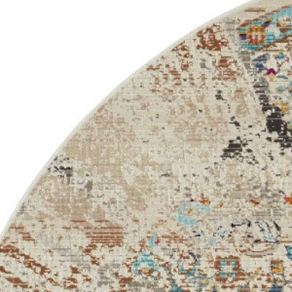 4' Ivory And Brown Floral Distressed Round Rug