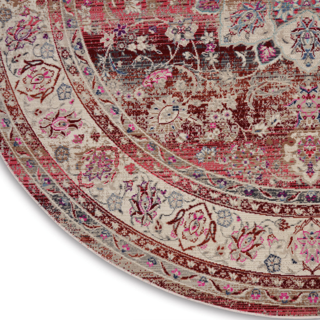 4' Ivory And Red Floral Distressed Round Rug
