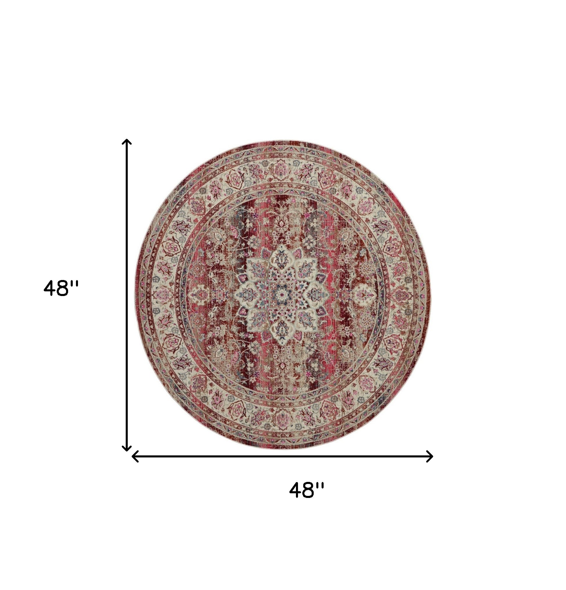 4' Ivory And Red Floral Distressed Round Rug