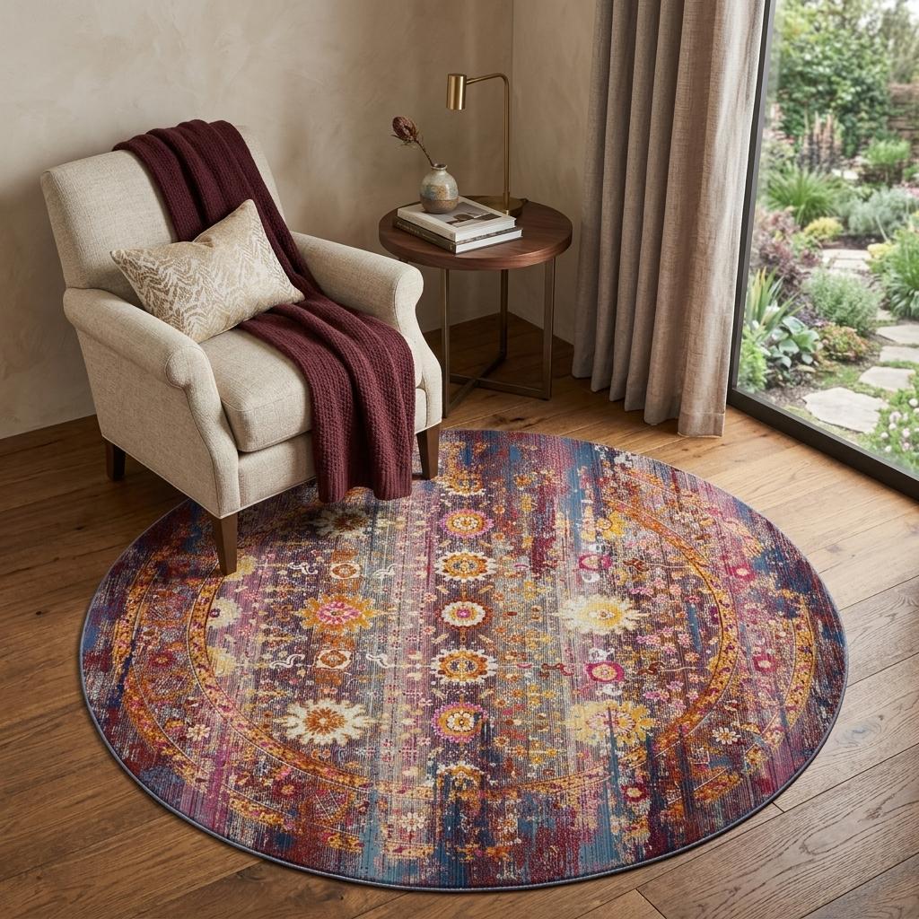 4' Blue Yellow And Red Floral Distressed Round Rug