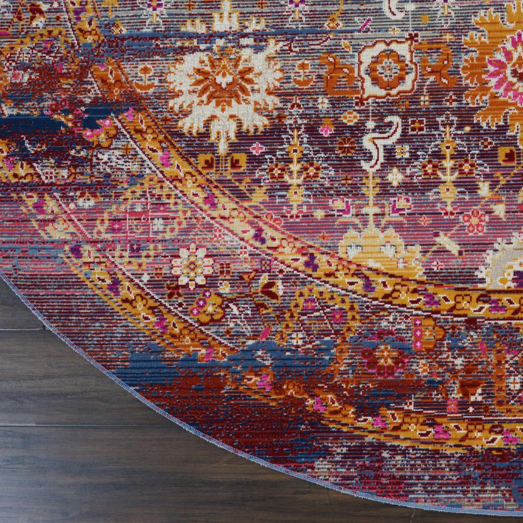 4' Blue Yellow And Red Floral Distressed Round Rug