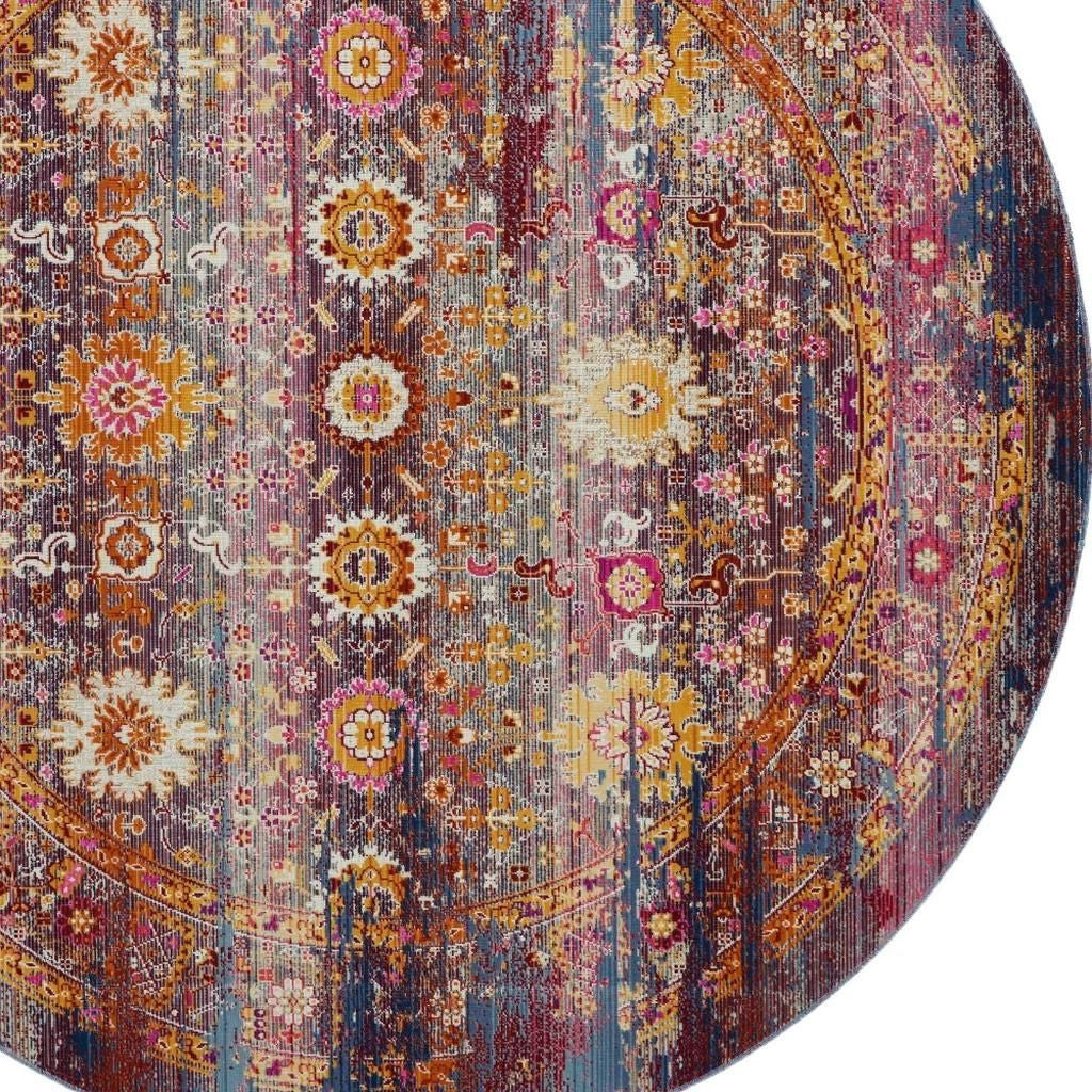 4' Blue Yellow And Red Floral Distressed Round Rug