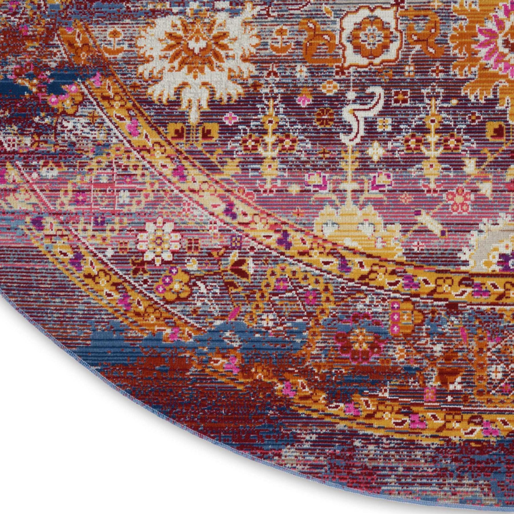 4' Blue Yellow And Red Floral Distressed Round Rug