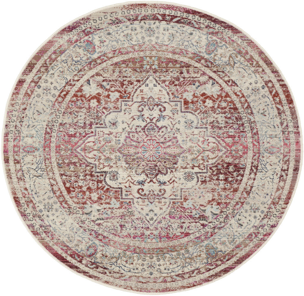 4' Ivory Red And Brown Floral Distressed Round Rug