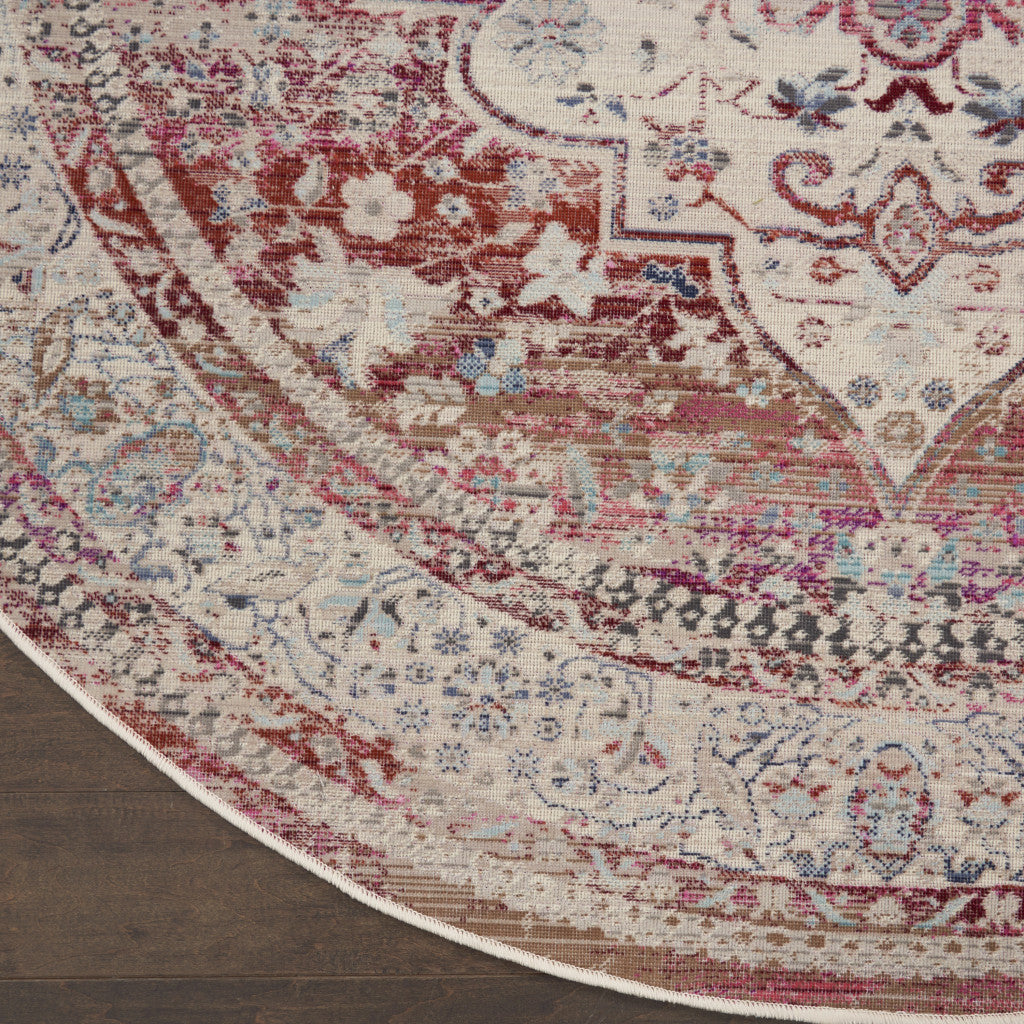 4' Ivory Red And Brown Floral Distressed Round Rug