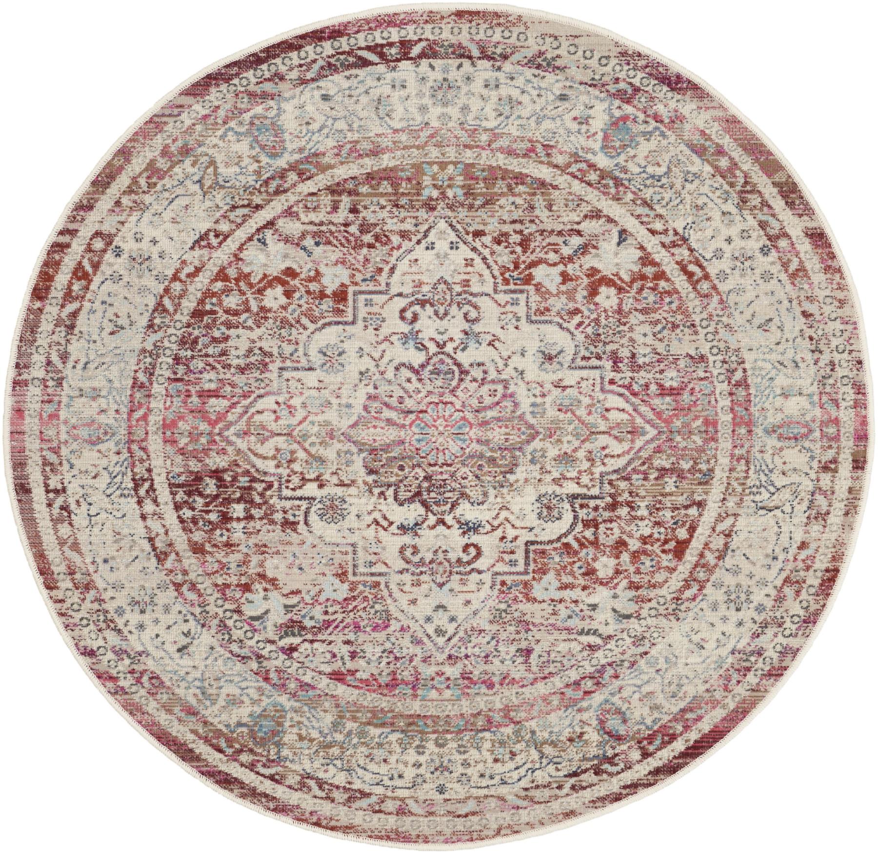4' Ivory Red And Brown Floral Distressed Round Rug