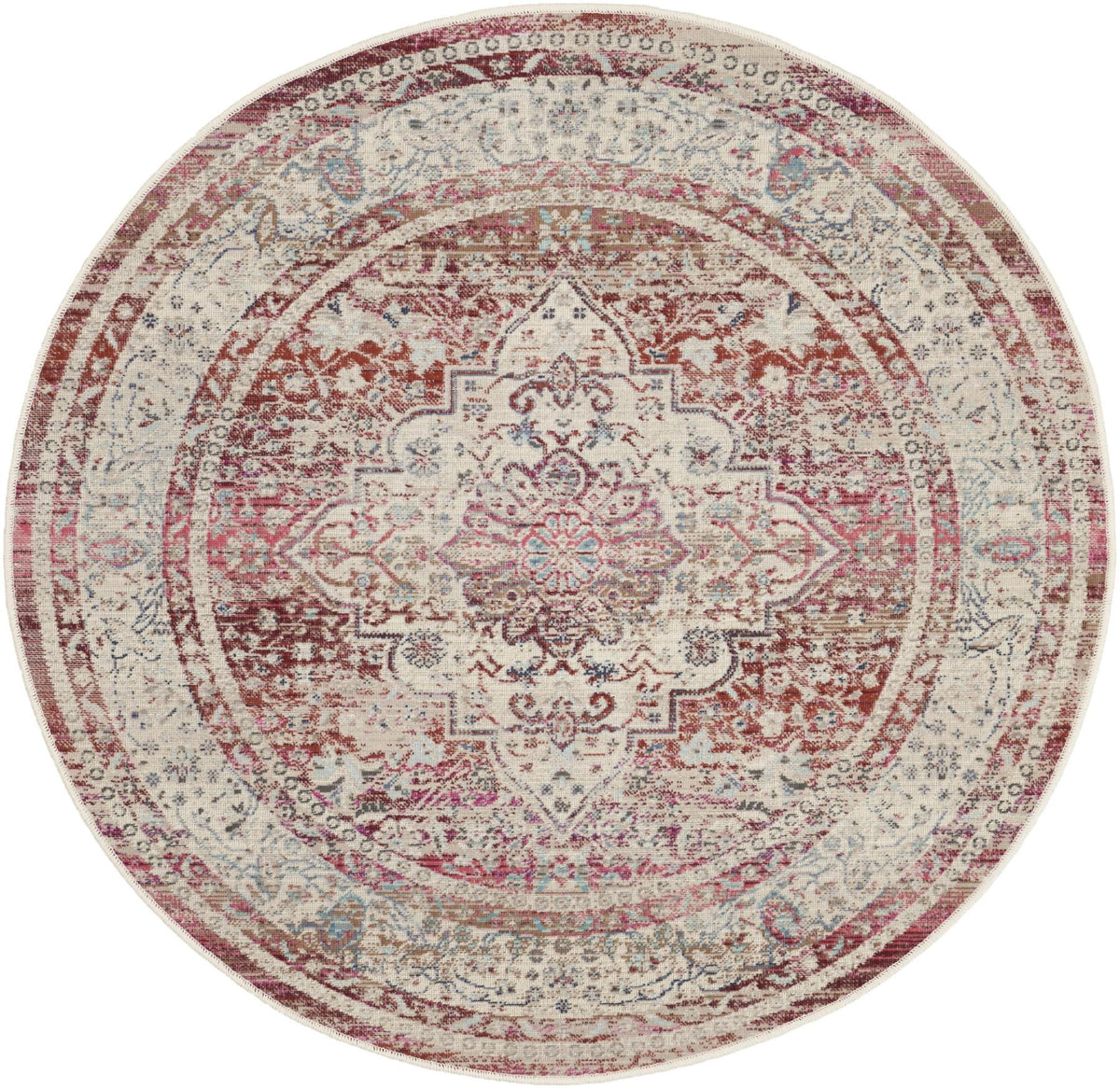 4' Ivory Red And Brown Floral Distressed Round Rug