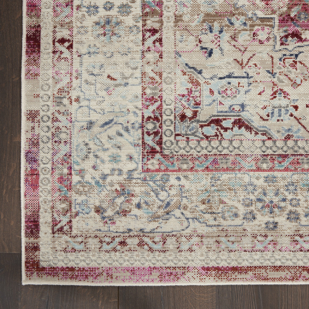 4' X 6' Ivory Red And Brown Floral Distressed Area Rug