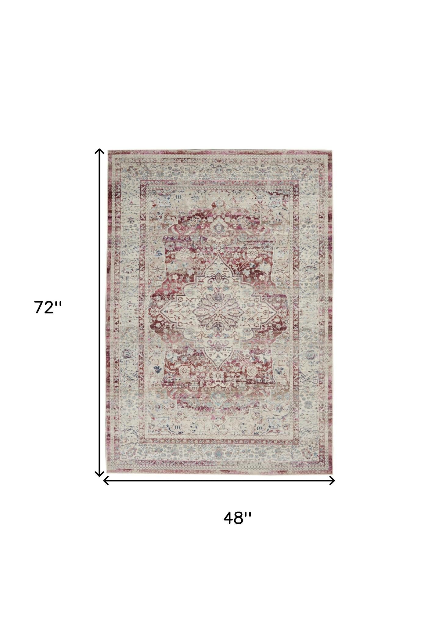 4' X 6' Ivory Red And Brown Floral Distressed Area Rug
