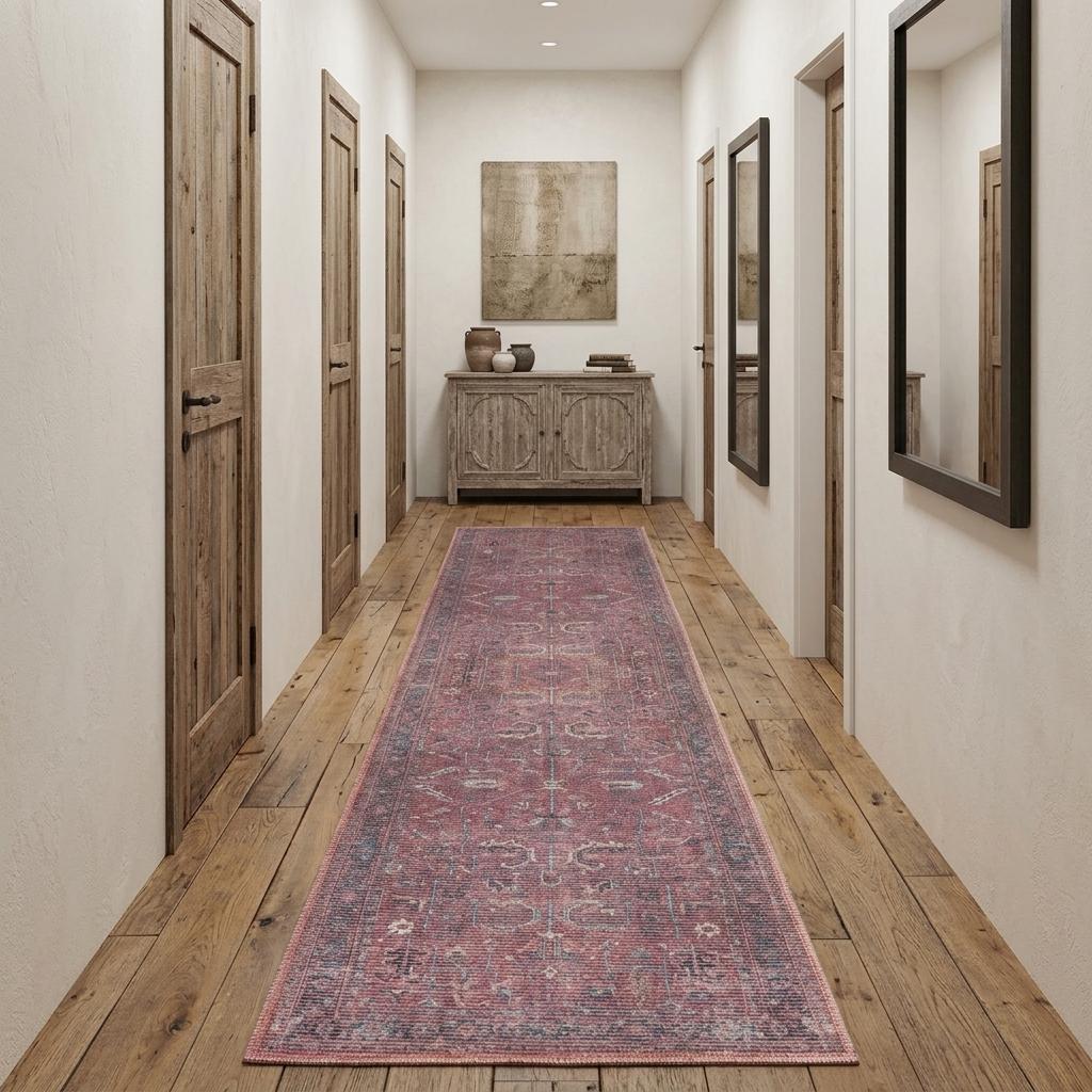 12' Blue And Red Floral Distressed Runner Rug